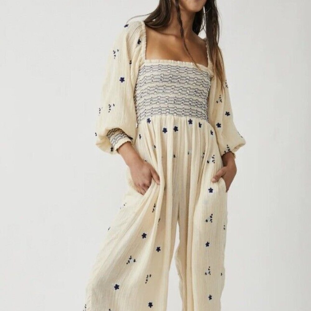 Free People Dahlia Embroidered Jumpsuit in Washed Out